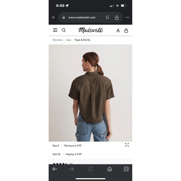 Madewell Cropped Short-Sleeved Button-up Collared Shirt Women’s Small Army Green - Picture 4 of 12